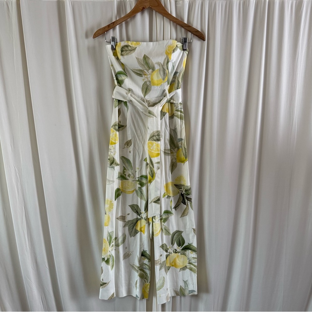 Anotnio Melani Strapless White Lemon Print Tie Belt Wide Leg Crop Jumpsuit Vacay